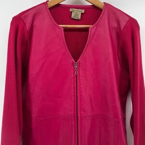 Escapade Womens Magenta Leather Front Ribbed Knit Zip Up Jacket M Pink Moto Chic